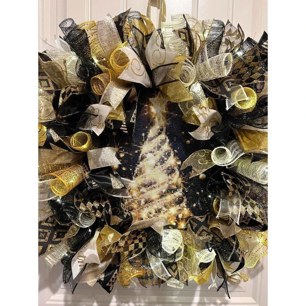 Handmade Christmas Tree Diamond Art Ribbon Door Wreath 22 ins LED W38 Gold Black
